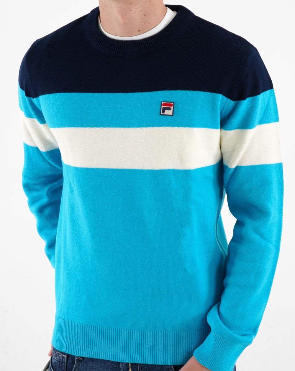 Fila Vintage Striped Crew Knit Aqua Navy Weiß