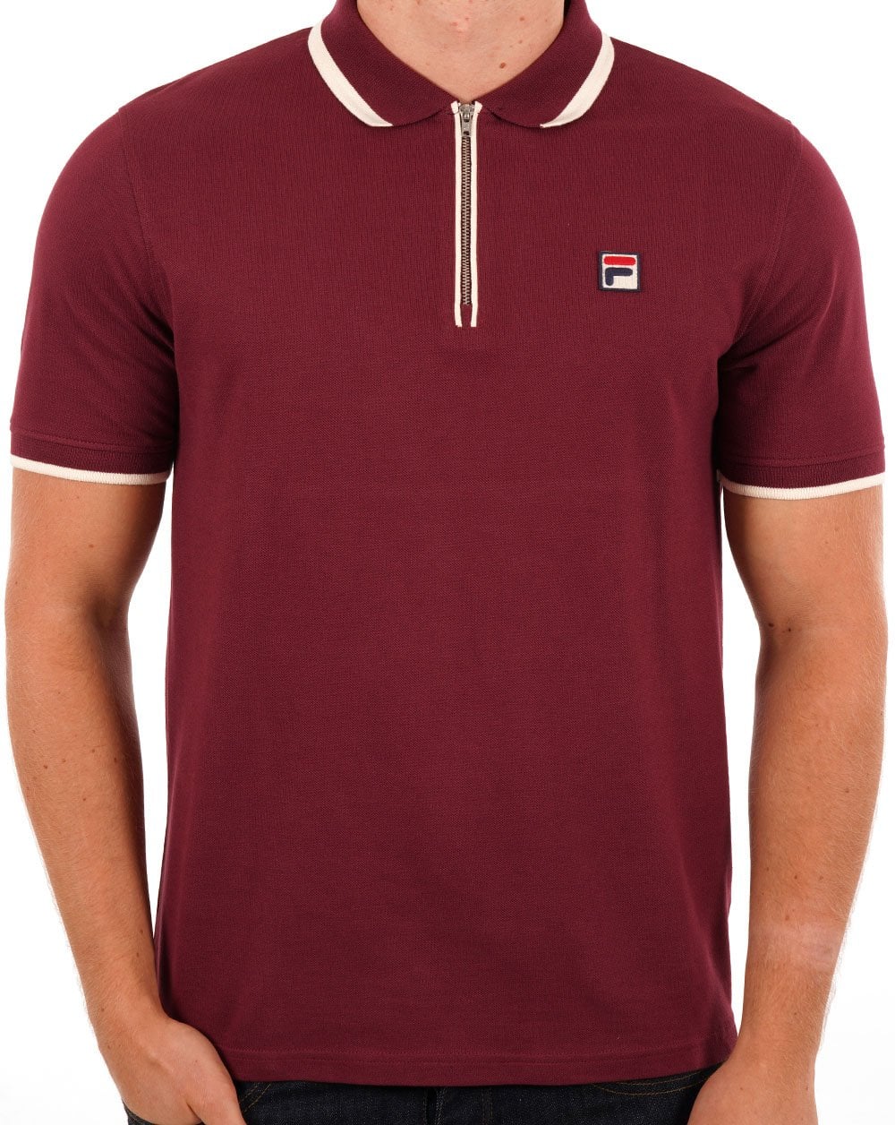 Fila – Vintage-Poloshirt mit Reißverschluss und Tipped-Muster in Burgunderrot
