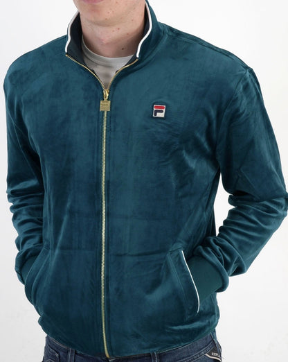 Fila – Vintage-Trainingsjacke aus Velours in Dunkelblaugrün