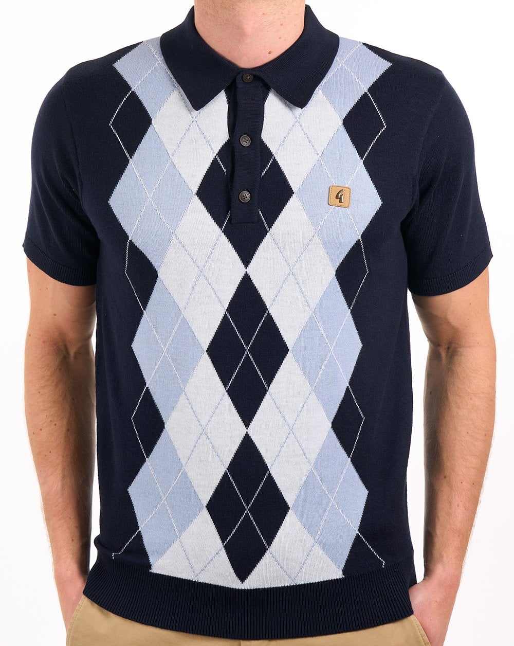 Gabicci Vintage Argyle Diamond Strick-Poloshirt Marineblau Himmelweiß