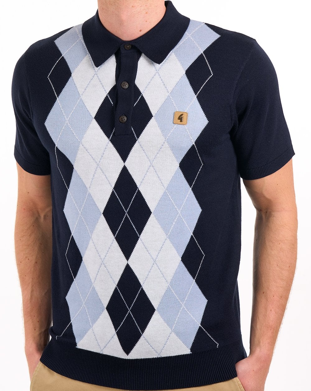 Gabicci Vintage Argyle Diamond Strick-Poloshirt Marineblau Himmelweiß