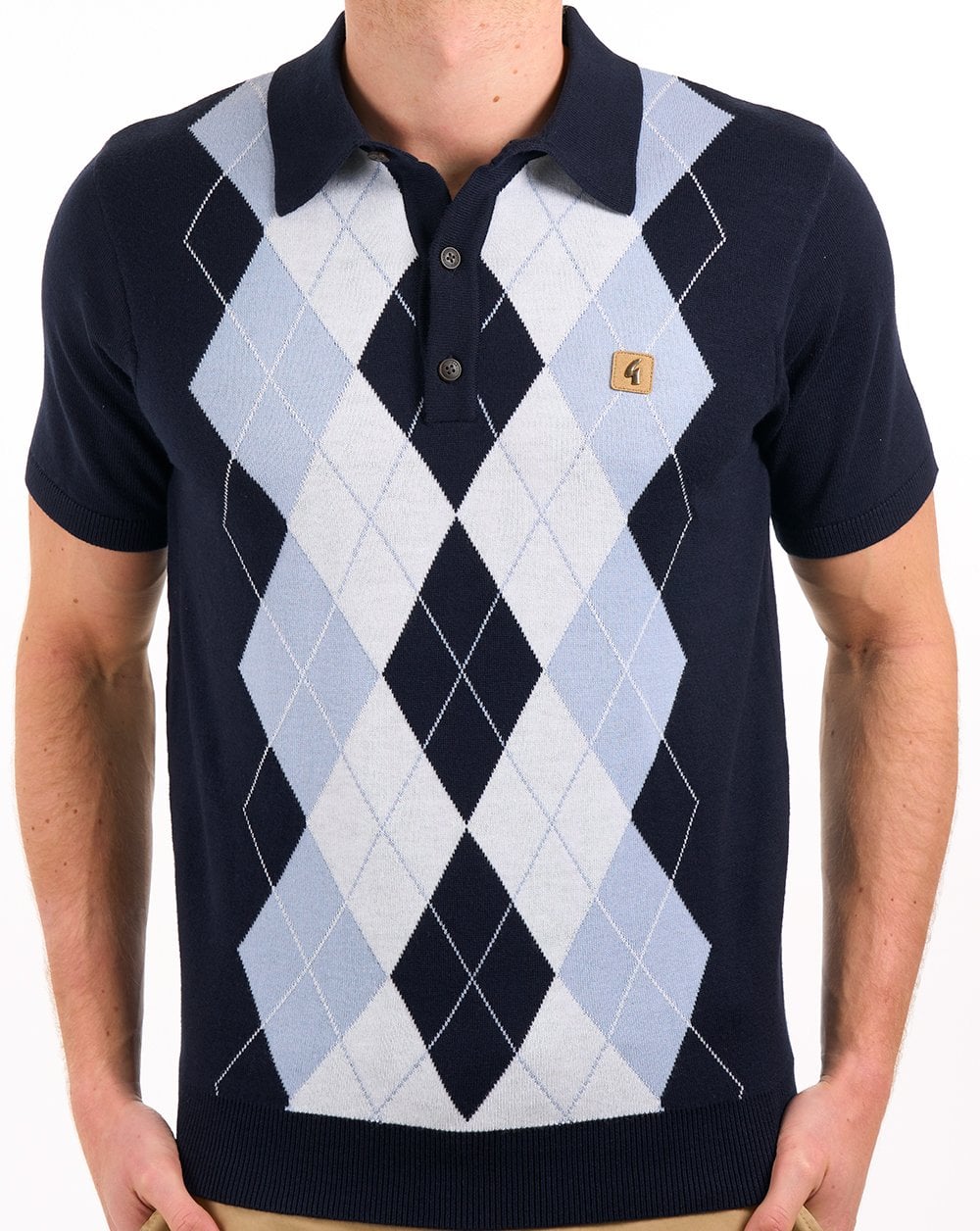 Gabicci Vintage Argyle Diamond Strick-Poloshirt Marineblau Himmelweiß