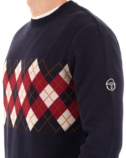 Sergio Tacchini Argyle Strickpullover mit Rundhalsausschnitt, Marineblau